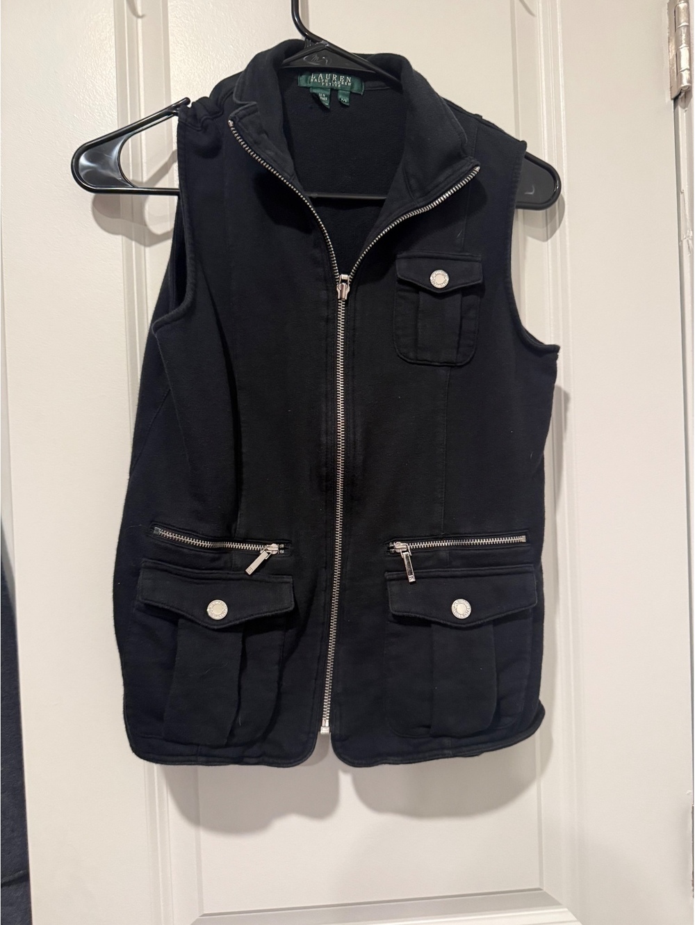 Lauren Ralph Lauren Petite Black Sleeveless Zip-Up Vest with Pockets, Size PS